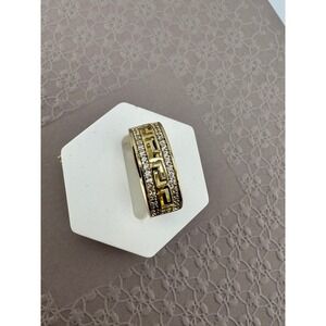 Gold Plated Greek Key Fretwork Band Ring with Cubic Zirconia Accents